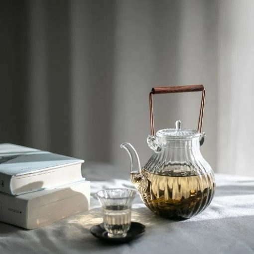限定価格 鶴首 耐熱ガラス ティーポット 茶こし付き ガラス製ポット 手作り 銅製持ち手 ジャンピング 紅茶ポット