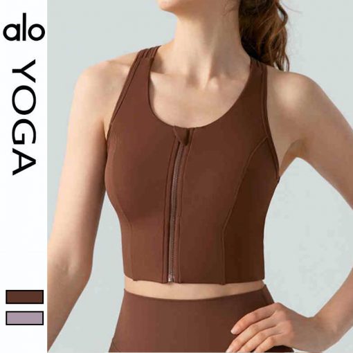 Alo Yoga アロヨガ スポーツブラ 揺れない 前開き レディース シームレス ランニング シームレス クロスバック フロントファスナー ヨガ ブラウン パープル