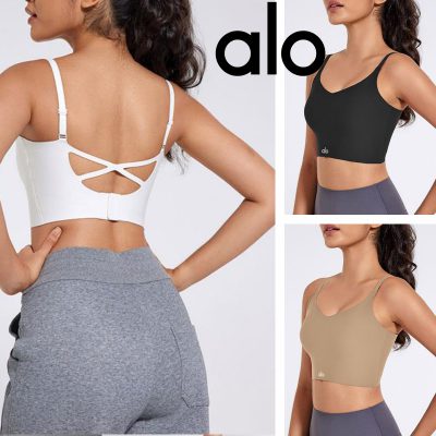 Alo Yoga アロヨガ タンクトップ レディース カップ付き LOGO ノースリーブ ロゴ ワンポイント 無地 ホワイト ブラック カーキ 3色