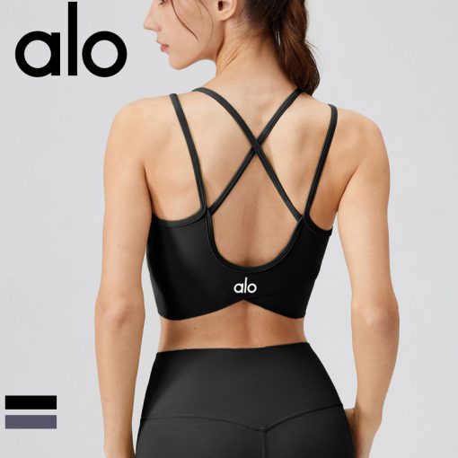 Alo Yoga アロヨガ ライトサポート スポーツブラ 揺れない クロスバック サポートブラ ヨガウェア 美胸 ブラック パープル