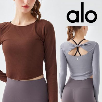 Alo Yoga アロヨガ 長袖 リブ トップス パーカー ブラウン グレー レディース スウェット ランニング トレンドデザイン フィットネス トレーニング 春夏 ヨガ