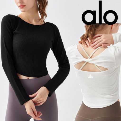 Alo Yoga アロヨガ 長袖 リブ トップス パーカー ブラック ホワイト レディース スウェット ランニング トレンドデザイン フィットネス トレーニング 春夏 ヨガ トップス
