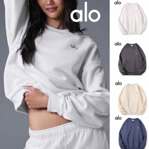 Alo Yoga クルーネックスウェット アロヨガ レディース 3D logo トレンドデザイン カジュアルウェア リラックスフィット 春秋 ホワイト ダークグレー ネイビー ベージュ