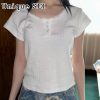 Tシャツ Unique SEI ユニークセイ 韓国風 シンプルレース 透け感のある 体型カバー ボタン付き半袖Tシャツ レディース ホワイト