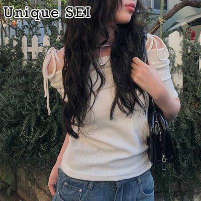 Tシャツ Unique SEI ユニークセイ 韓国風シンプルスイートレトロ リボン付きオフショルダー 半袖Tシャツ レディース ホワイト