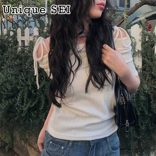 Tシャツ Unique SEI ユニークセイ 韓国風シンプルスイートレトロ リボン付きオフショルダー 半袖Tシャツ レディース ホワイト