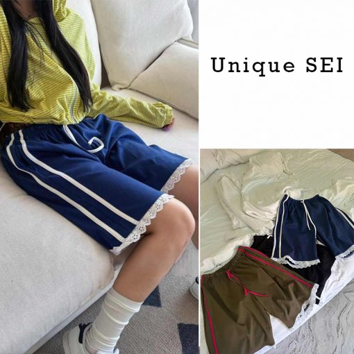 Unique SEI ユニークセイ ショートパンツ 韓国風ストリート シンプルレースライン 小ロットデザイン スイートクール ワイドパンツ カジュアルショートパンツ