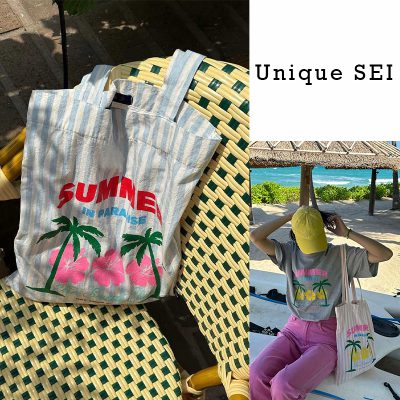 Unique SEI ユニークセイ トートバッグ サマー おしゃれ 大容量 軽量 エコバッグ ビーチ 旅行 夏向け トレンド ブルー ピンク