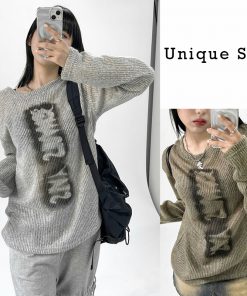 ニットセーター Unique SEI クルーネックニット おしゃれ カジュアル 冬物 トップス 日常使い トレンド グレー カーキ