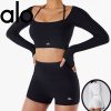 Alo Yoga アロヨガ レディース フィットネス ウェア 上下セット 長袖 Tシャツ 胸パッド付き ショートパンツ へそ出し ヨガ タイト トレーニング ランニング スポーツフィットネス