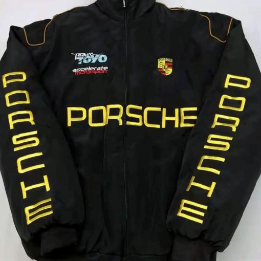 PORSCHE ポルシェ ジャケット レーシング メンズ スポーティー ブラック イエロー 防風 秋冬 おしゃれ モータースポーツ 人気アイテム 中綿入り 防寒 おしゃれ アウター ブラック